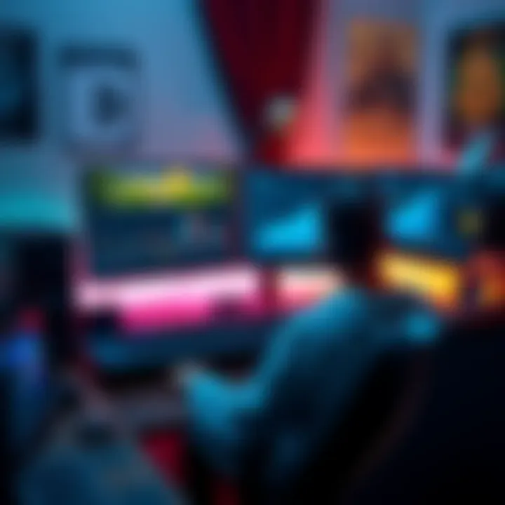 A gamer sits at a computer desk, reflecting on a Bitcoin chart while surrounded by gaming gear and nostalgic posters.