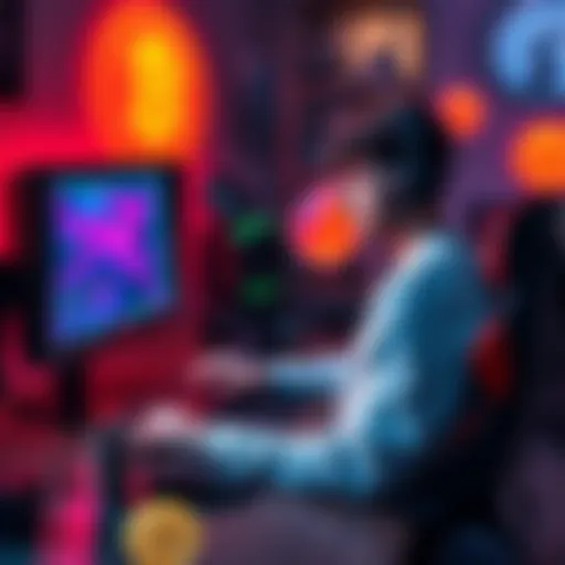 A gamer sitting at a desk with an $800 gaming PC, mining Bitcoin in 2011, surrounded by gaming equipment and cryptocurrency symbols.