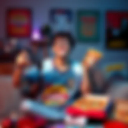 A cheerful person with a game controller in one hand and a slice of pizza in the other, wearing a playful gaming shirt, sitting on a couch surrounded by game posters and pizza boxes.