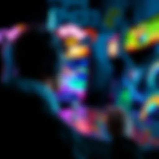 A person focused on an arcade game screen, with colorful graphics and a joystick in hand, surrounded by other arcade machines.