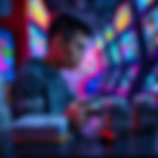 A gamer intensely focused on playing arcade games, surrounded by colorful game screens and holding a controller. Nearby, stacks of completed surveys and Liquid IV supplements are visible, showcasing their gaming routine.