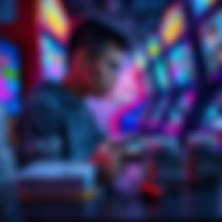 Gamer Playing Arcade Games A gamer intensely focused on playing arcade games, surrounded by colorful game screens and holding a controller. Nearby, stacks of completed surveys and Liquid IV supplements are visible, showcasing their gaming routine.