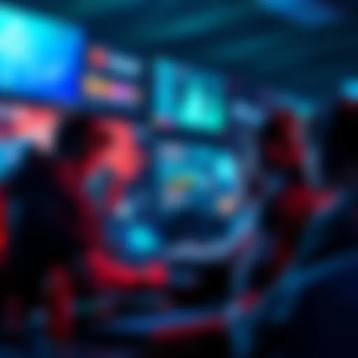 A group of gamers discussing asset ownership issues in a digital game setting, with screens showing digital assets.