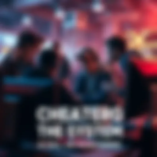 A group of gamers gathered around a computer, looking frustrated and discussing solutions to cheating in games.