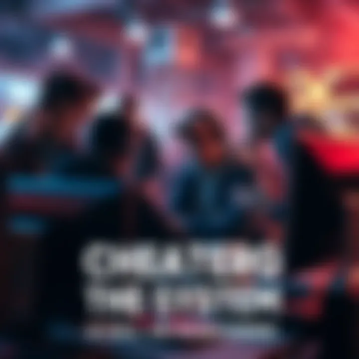 A group of gamers gathered around a computer, looking frustrated and discussing solutions to cheating in games.