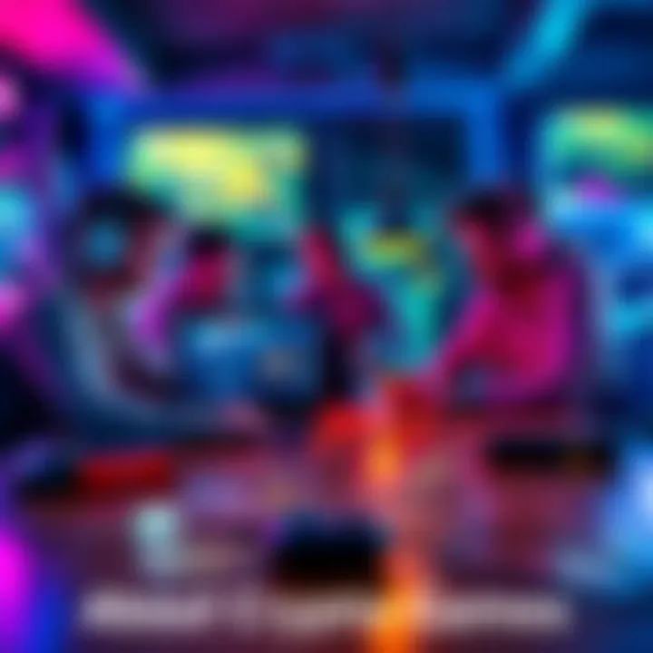 A group of gamers discussing their thoughts on crypto games around a table with gaming consoles and a laptop displaying a crypto platform.