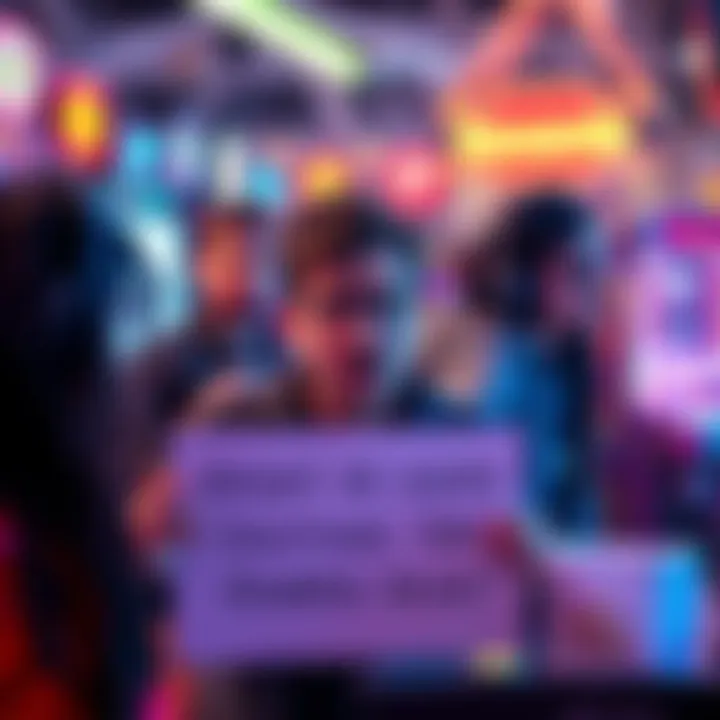 A group of gamers expressing frustration about delayed rewards in an arcade setting, with one holding a sign demanding answers from AE.