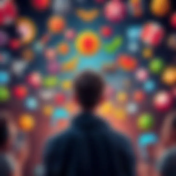 A person contemplating their options in a gaming community, surrounded by game icons representing parcels and badges.