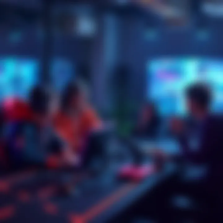 A group of gamers discussing tactics and teamwork around a table with gaming gear and screens