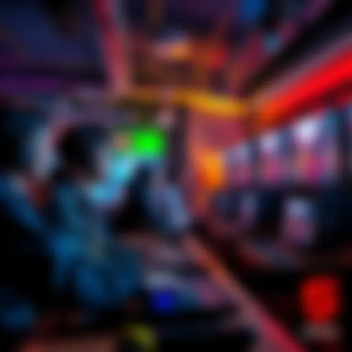 A diverse group of gamers enjoying a competitive match in a modern gaming lounge with vibrant screens and engaging atmosphere