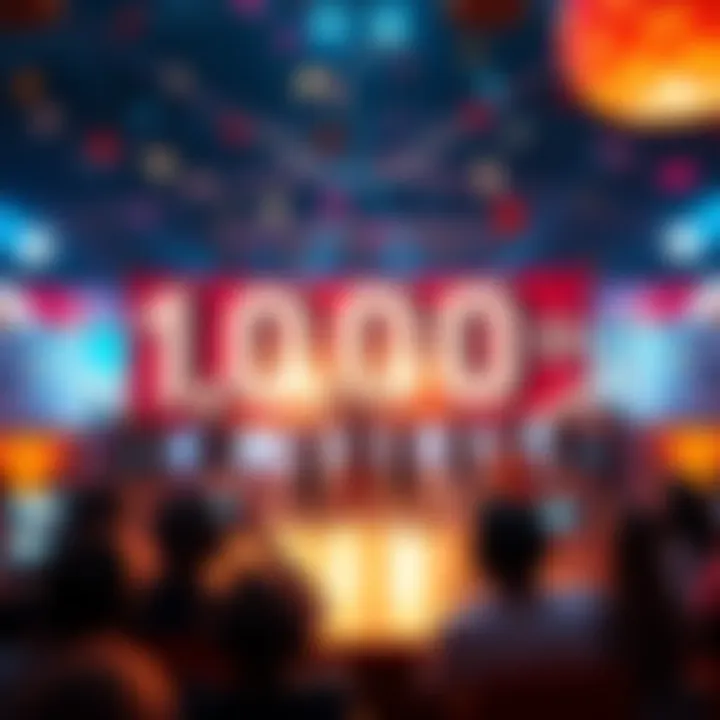 A group of gamers celebrating the achievement of the 1,000th parcel with banners and cheers in a lively atmosphere