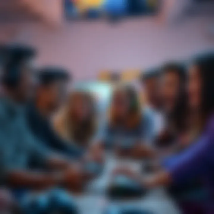 A diverse group of people playing video games together, showing excitement and teamwork in a vibrant setting.