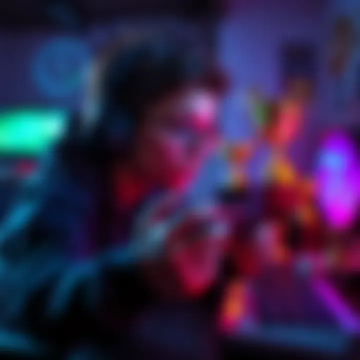 A gamer reflecting on past gaming experiences with a controller in hand, surrounded by classic gaming consoles and trophies for time played.