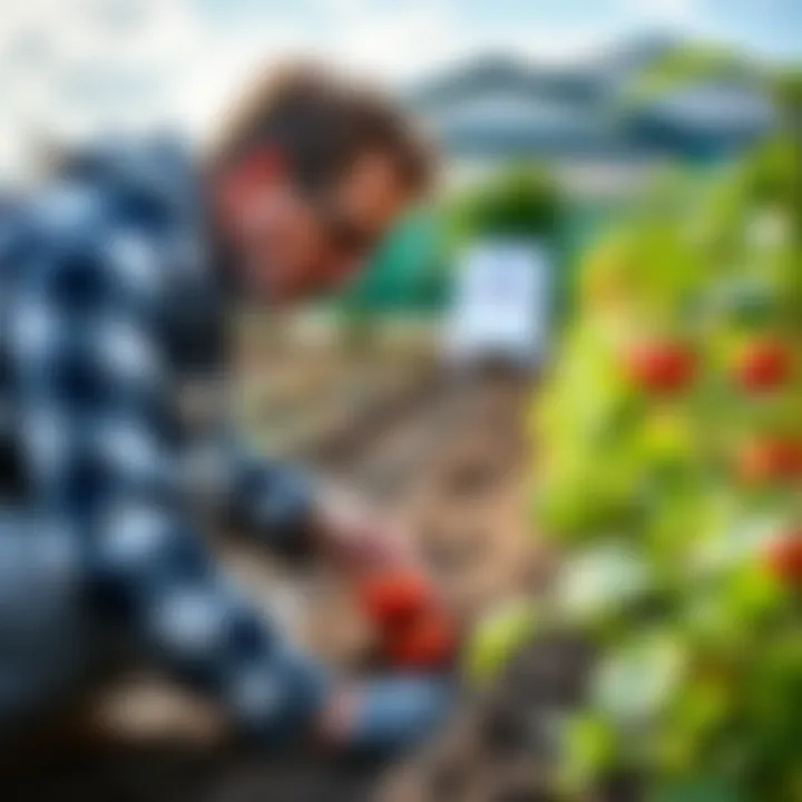 A person planting tomatoes and peppers in a small garden, focusing on mental well-being during the Bitcoin bear market.