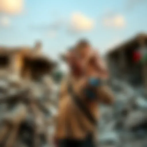A 45-year-old father stands among the rubble of his destroyed home, looking concerned as he holds his young child, pleading for financial support to care for his family of five.