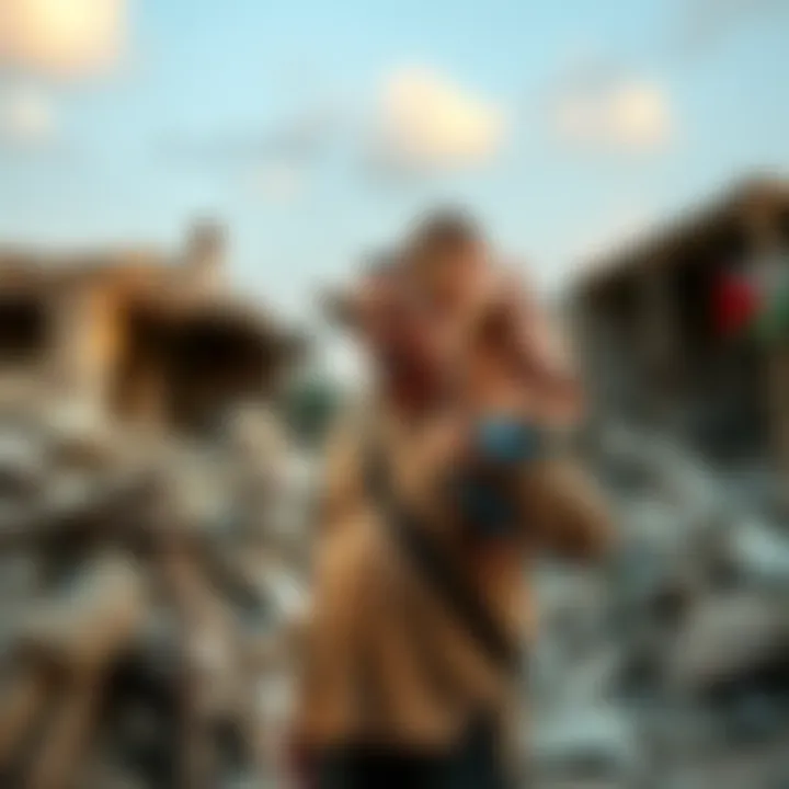 A 45-year-old father stands among the rubble of his destroyed home, looking concerned as he holds his young child, pleading for financial support to care for his family of five.