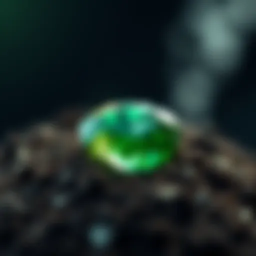 A close-up view of a sparkling gemerald stone, showcasing its vibrant green color and unique facets, resting on a background of dark soil, symbolizing its discovery from Xitter.