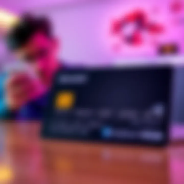 Close-up of a Gemini credit card showing a maxed out limit label, with a worried person in the background looking at their phone for advice