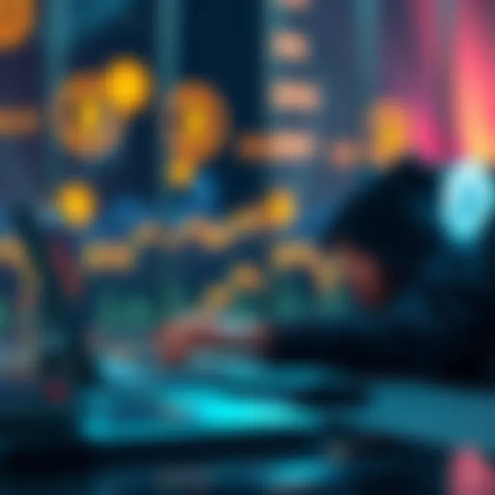 A person analyzing the Gemini crypto exchange on a laptop with cryptocurrency symbols in the background.