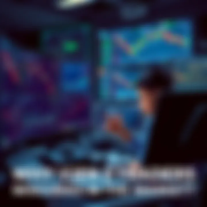 Gen Z Trader Analyzing Market Data A young trader focused on charts and graphs, looking puzzled while sitting at a desk with multiple screens displaying stock prices and technical analysis charts.
