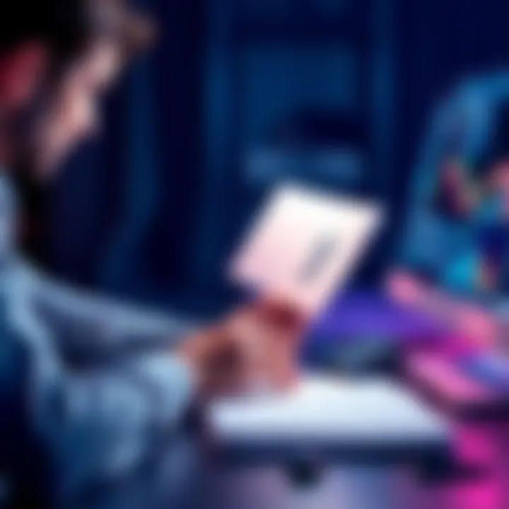 Graphic showing a person reviewing documents with Trezor device on desk