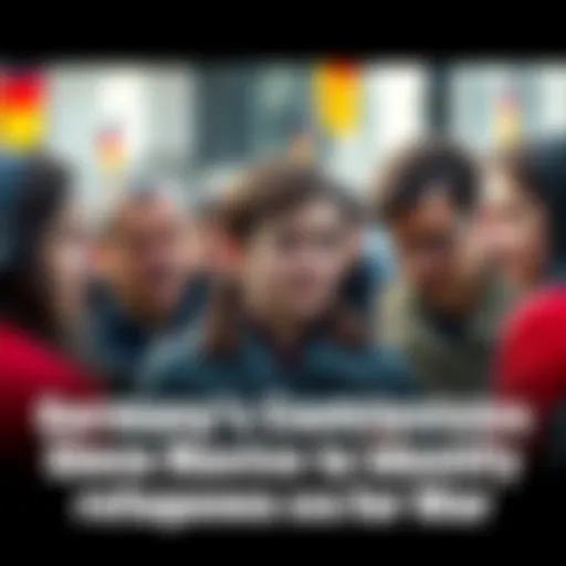 A group of Ukrainian refugees with serious expressions, discussing among themselves in a public space, reflecting concern about recent military service identification policies in Germany.