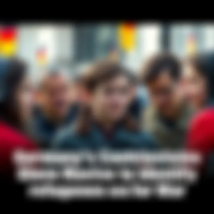 A group of Ukrainian refugees with serious expressions, discussing among themselves in a public space, reflecting concern about recent military service identification policies in Germany.