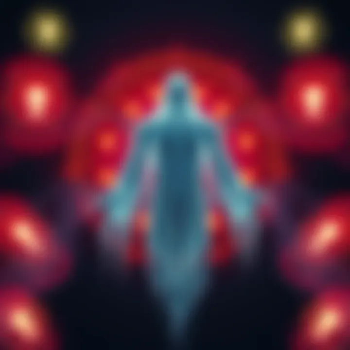 A translucent ghostly figure surrounded by glowing alien symbols, representing the theory of ghosts as alien AI.