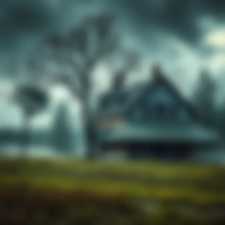 An eerie cottage sits quietly on a rural landscape, surrounded by trees and mist, giving off a ghostly vibe.