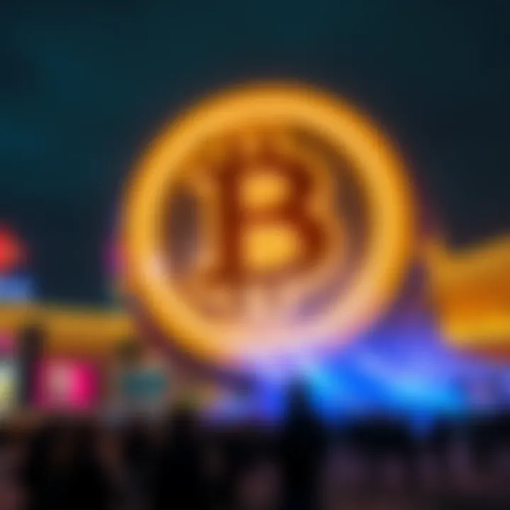 A large Bitcoin logo shines brightly on the Las Vegas Sphere, captivating a crowd of onlookers.