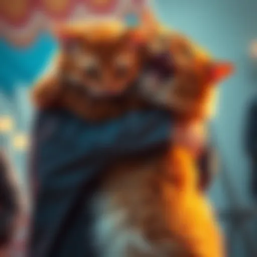 A person joyfully hugging a giant cat, sharing a heartwarming moment