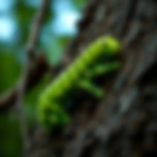 A large green Dagger moth caterpillar resting safely under tree bark, showcasing its distinctive appearance.