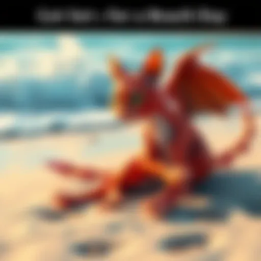 Giantess DragonCat playing in the sand at a beach, with waves in the background