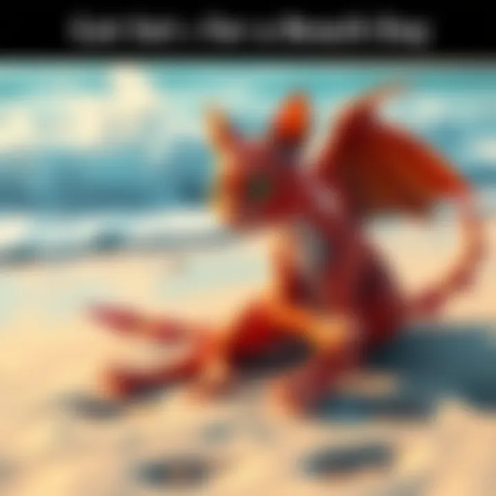 Giantess DragonCat playing in the sand at a beach, with waves in the background