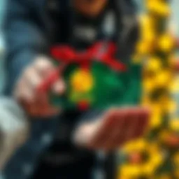 A person handing over a Bitcoin gift card with a festive ribbon to a friend, symbolizing the act of gifting cryptocurrency.