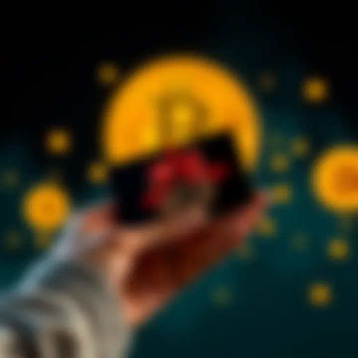 A person holding a gift card that can be used to transfer Bitcoin easily, with Bitcoin symbols visible in the background.