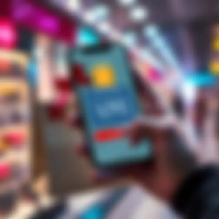 A person holding a smartphone displaying a gift card app that accepts LTC payments, with a shopping bag in the background.