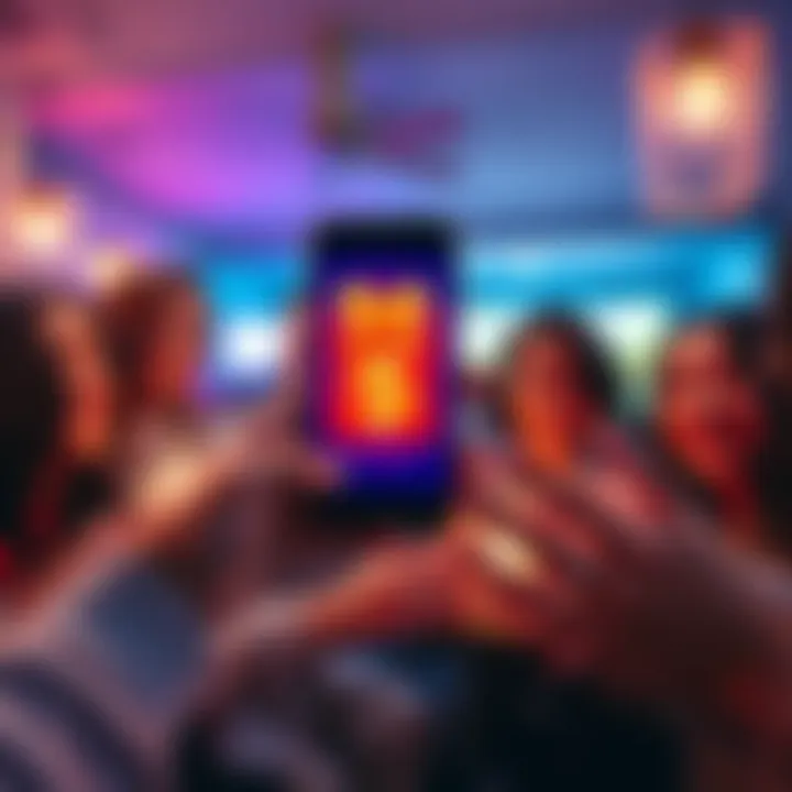 A hand holding a smartphone displaying a digital wallet with $5 in Kaspa, surrounded by friends smiling and celebrating the gift.