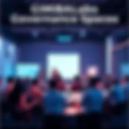 A group of people discussing governance topics at the Gimbalabs Open Governance Spaces event, with charts and a projector in the background.