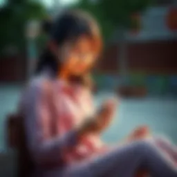 A young woman with a hopeful expression, sitting outdoors and writing a message on her phone, symbolizing her desire for blessings and support.