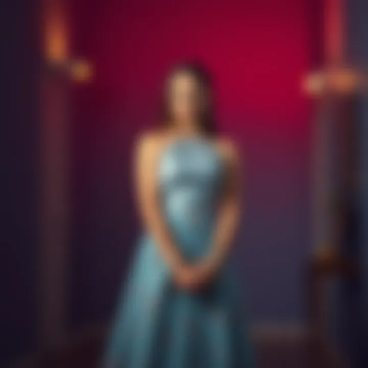 A young woman stands in a room wearing a $500 Sherri Hill hoco dress, appearing conflicted about her color choice and feeling pressured by peers.