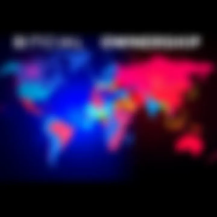 Global Bitcoin Ownership Map A world map showing countries with varying levels of Bitcoin adoption, highlighted in different colors to indicate adoption rates, illustrating global participation in cryptocurrency.