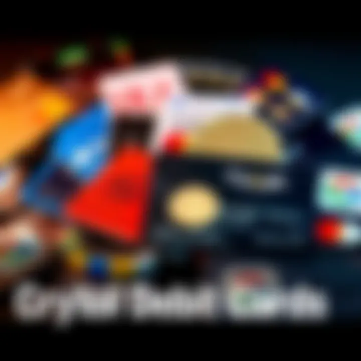 A collage of different crypto debit cards with logos of Apple Pay and Google Pay.