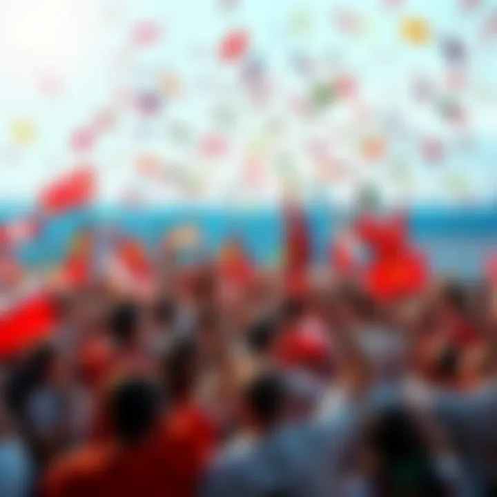 Global Sports Event Kickoff A vibrant scene of fans and players from 48 nations celebrating at the world's biggest sports event, with flags waving and excitement in the air.