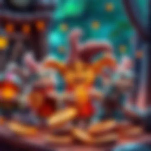 A group of colorful cartoon goblins joyfully gathering Solana meme tokens in a whimsical setting, representing community engagement and fun.