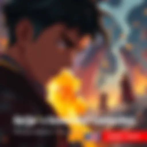 Gojo looks intensely at another character, showing his deep fascination and emotional connection. The background features a dramatic scene from the story.