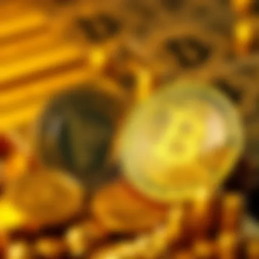 A visual representation of Pax Gold and Tether Gold coins with a background of gold bars and digital currency symbols