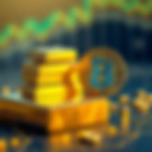 A stack of gold bars next to a Bitcoin symbol, representing the connection between rising gold prices and potential increases in Bitcoin value.