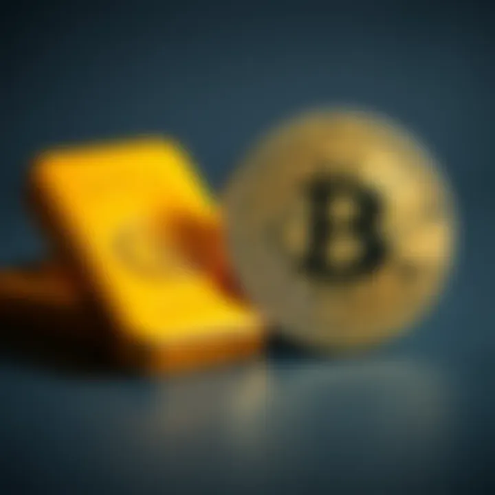 A gold bar and a Bitcoin coin side by side, illustrating their relationship in investment markets.