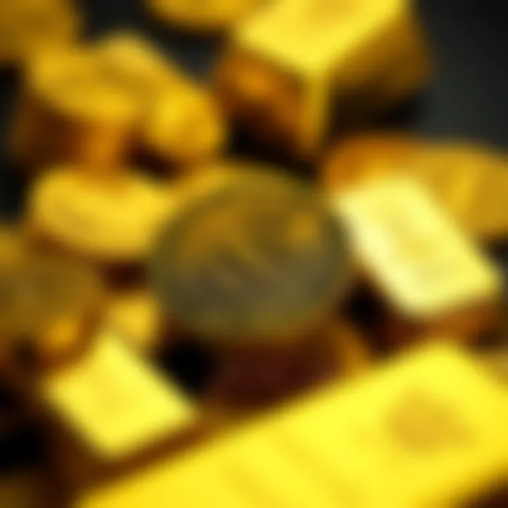 A collection of physical gold coins and bars displayed together, symbolizing wealth and investment security.